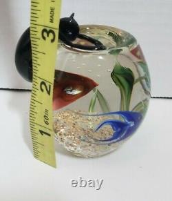 Vtg Correia Art Glass Paperweight Kitty Cat Perched Over Fishbowl Signed Read