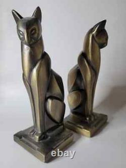 Vtg Frankart Bronze Art Deco Cubist Egyptian Siamese Cat Bookend Sculpture Pair