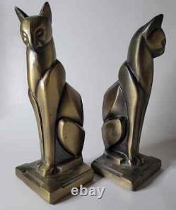 Vtg Frankart Bronze Art Deco Cubist Egyptian Siamese Cat Bookend Sculpture Pair