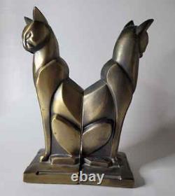 Vtg Frankart Bronze Art Deco Cubist Egyptian Siamese Cat Bookend Sculpture Pair