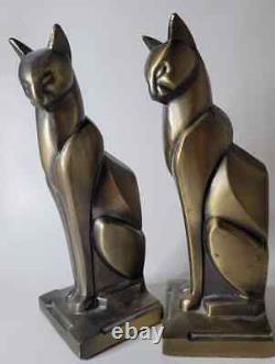 Vtg Frankart Bronze Art Deco Cubist Egyptian Siamese Cat Bookend Sculpture Pair