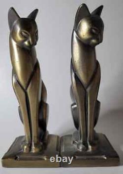 Vtg Frankart Bronze Art Deco Cubist Egyptian Siamese Cat Bookend Sculpture Pair