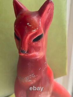 Vtg chalkware orange CAT art deco red black chalk ware figure nouveau tiger mcm