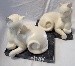 WHITE CATS on BLACK MARBLE Base Figurine Bookend Set HEAVY