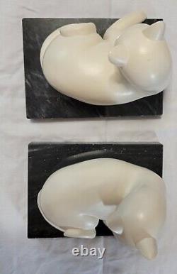 WHITE CATS on BLACK MARBLE Base Figurine Bookend Set HEAVY