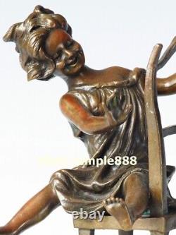 22 CM Western Art Déco Pur Bronze Enfants Fille Lassock Tease Chat Sculpture