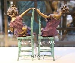 22 CM Western Art Deco Pure Bronze Deux Enfants Garçon Fille Jouer Avec Cat Sculpture