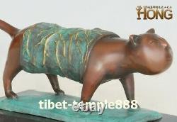 23 CM Western Art Déco Bronze Marbre Parcelle Serviette De Bain Cat Résumé Sculpture