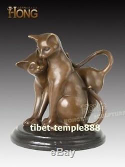 26 CM Art Occidental Déco Bronze Marbler Deux Animaux Chat Chaton Serré Tomcat Sculpture