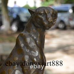 30 CM Western Art Déco Pure Bronze Leopard Cat Panther Lion Animal Sit Sculpture