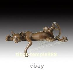 33 CM Western Art Déco Pur Bronze Personnage De Dessin Animé Chat Endormi Sculpture Animale
