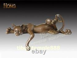 33 CM Western Art Déco Pur Bronze Personnage De Dessin Animé Chat Endormi Sculpture Animale