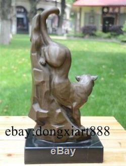 36 CM Western Art Deco Marbre Bronze Pur Pantera Panther Sculpture Animale