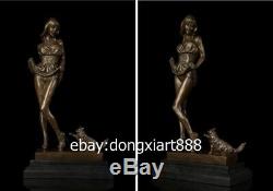 40 CM Western Art Deco Bronze Jeunes Femmes Fille Belle Jeune Fille Et La Sculpture D'art De Chat