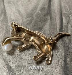 9ct Gold Cat Brooch, Ruby Eyes & Cultured Pearl 5.5 Grammes Antique Art Déco Pin