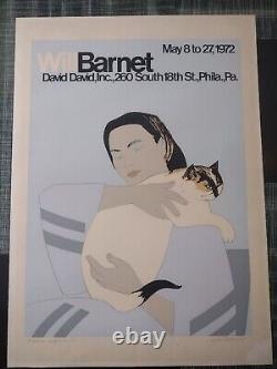 Affiche de galerie unique au monde signée de Rare Will Barnet 1972 Femme et Chat Blanc