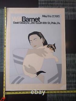 Affiche rare de la galerie 'Femme et chat blanc' signée Will Barnet 1972, une pièce unique.