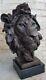 African Homme Lion Tête Chat Bronze Sculpture Buste Signé Art Deco Marble Figurine