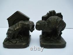 Ancien Vintage Bookends Pair Doorstop Chien Puppy Kitty Chat 1920's Sculpture Old