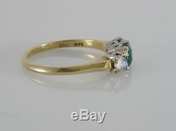 Antique 14k Two Tone Or Art Déco Emeraude Cats Eye Moonstone Trois Stone Ring