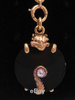 Antique Art Déco En Or Jaune 14k Diamant Onyx Chaîne De Montre Fob Figural Chaton Chat