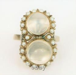 Antique Fine Art Deco Platinum Chats Naturels Eye Moonstone Ring Pearl Halo