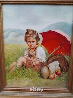 Antique Wilfred F Frost Jeunes Enfants Originaux Avec Chat Peinture À L'huile Paire X2
