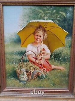 Antique Wilfred F Frost Jeunes Enfants Originaux Avec Chat Peinture À L'huile Paire X2