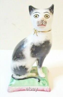 Antique Wk Staffordshire Ware White & Black Cat Sur Oreiller, Angleterre, Porcelaine