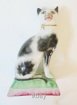 Antique Wk Staffordshire Ware White & Black Cat Sur Oreiller, Angleterre, Porcelaine