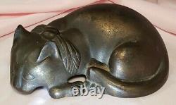 Arrêt de porte chat dormant antique vintage peint en bronze art déco original c1900s