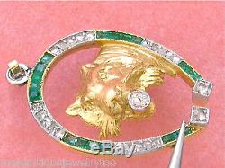 Art Antique Déco Diamant Emeraude Horseshoe Lion Chat Exotique Félin Pendentif 1930