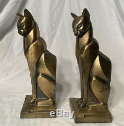 Art Antique Deco Égyptien Revival Cat Bookends Bronze Frankart Rare Yeux Verts