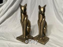 Art Antique Deco Égyptien Revival Cat Bookends Bronze Frankart Rare Yeux Verts
