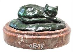 Art Déco Allemand Bronze Sculptural Paperweight, Un Chat Endormi, Ca. Années 1920