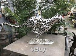 Art Deco Bronze Cheetah Cat Grand Main D'argent Statue Fini Par Electrolyse