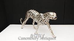 Art Déco Bronze Cheetah Cat Grande Plaque D'argent Statue