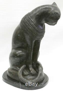 Art Déco Bronze Sculpture En Marbre Égyptien Cat Base Statue Grand