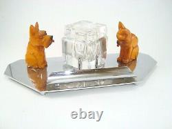 Art Déco Butterscotch Bakelite Cat & Dog Chrome & Crystal Inkwell Set
