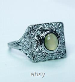 Art Deco Chrysoberyl Cats Eye Mine Coupe Diamond Bague 18k Or Blanc Filigre