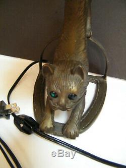 Art Déco Lampe De Table Bronze Stretching Kitty Cat 15 Ambre Verre Sculptural Flare