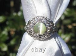 Art Deco Platinum Bague Chat's Eye Chrysoberyl Diamond Sapphire Antique Estate