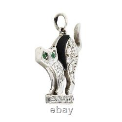 Art Déco Platinum Diamants Emeraudes Noir Enamel Fright Cat Pendentif Charm