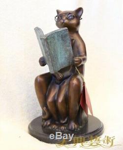 Art Déco Sculpture Cat Père Et Fils Lire Livre Bronze Statue Figurine