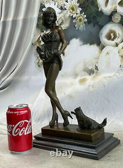 Art Déco Sexy Girl Avec Son Chat 100% Solide Sculpture De Bronze Méthode De Cire Perdue