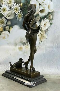 Art Déco Sexy Girl Avec Son Chat Sculpture De Bronze 100% Solide Méthode De Cire Perdue Vente