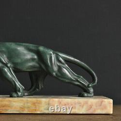 Art Déco Spelter Big Cat Panther Sculpture Sur Base En Marbre De Antique1930