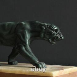 Art Déco Spelter Big Cat Panther Sculpture Sur Base En Marbre De Antique1930