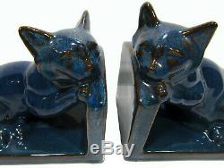 Art Deco Studio Poterie Cat Bookends Aqua Glaze Allemagne De L'ouest 15,5 X 14 X 10 CM