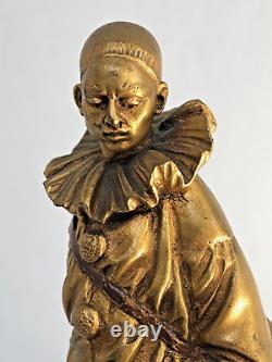 Art Déco en bronze antique par Georges OMERTH, (1895 et 1925) Pierrot avec Chat